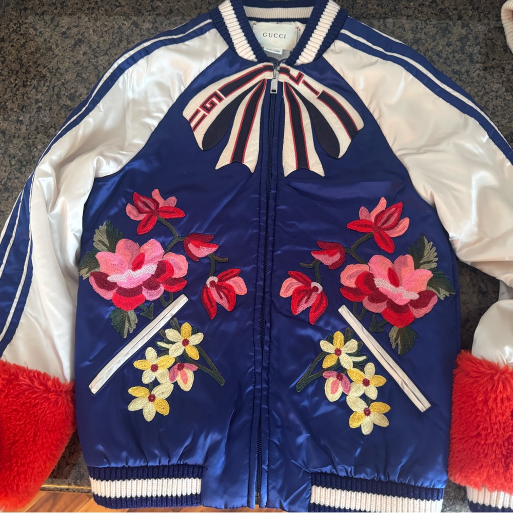 Gucci Blue Jacket with Floral Embroidery